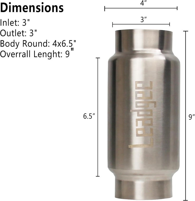 Leadgee 3" Inlet & Outlet Exhaust Resonator, 9" Overall Length Center Straight Through Stainless Steel Muffler,Polished - Image 2